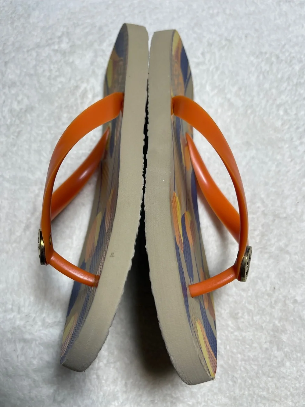 Tory Burch Orange Logo Flip Sandals with Multicolor Floral Footbed Size 8